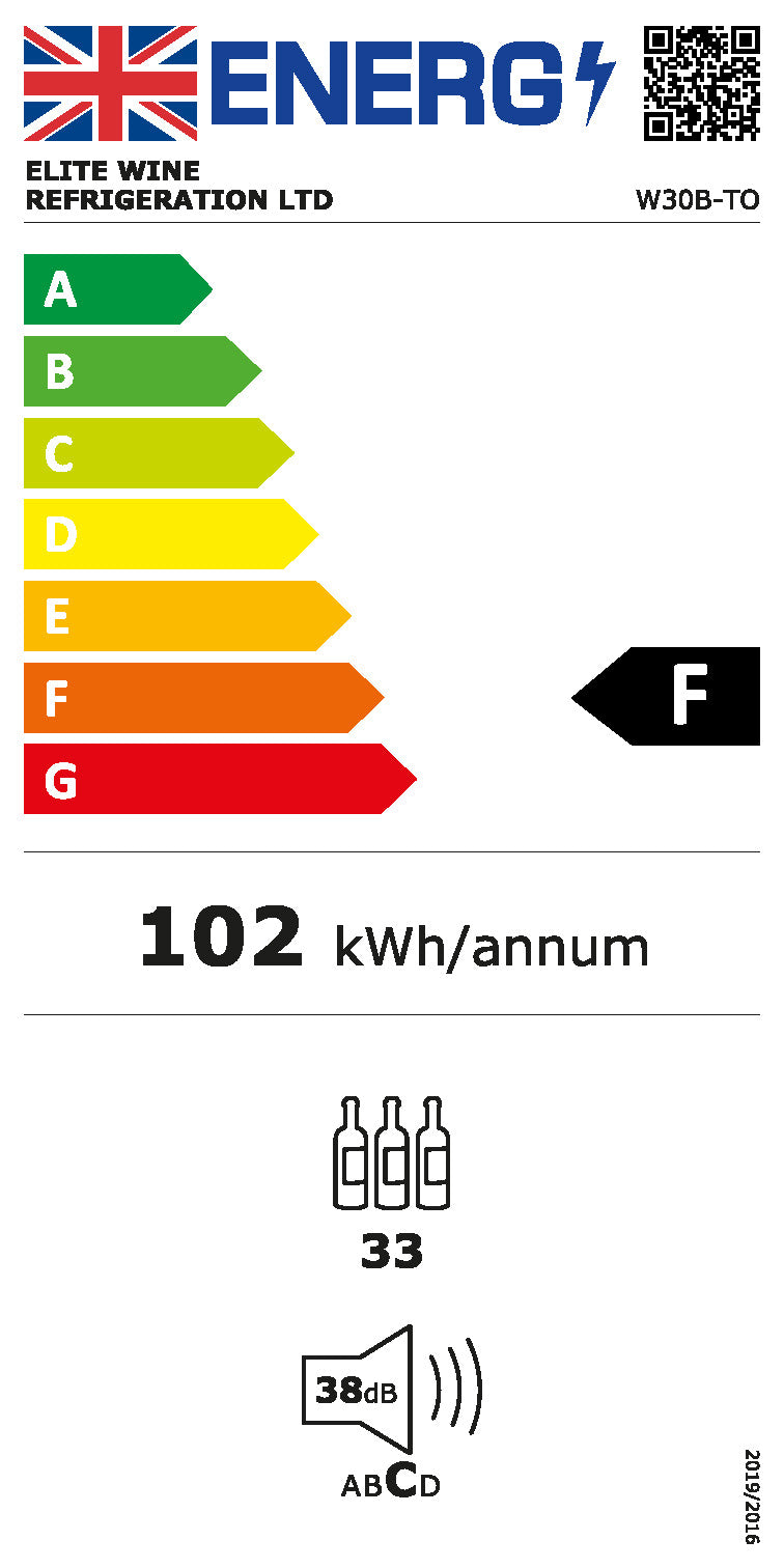 W30B-TO - 450mm Deep - Push2Open Wine Fridge - 33 Bottle - Black Glass